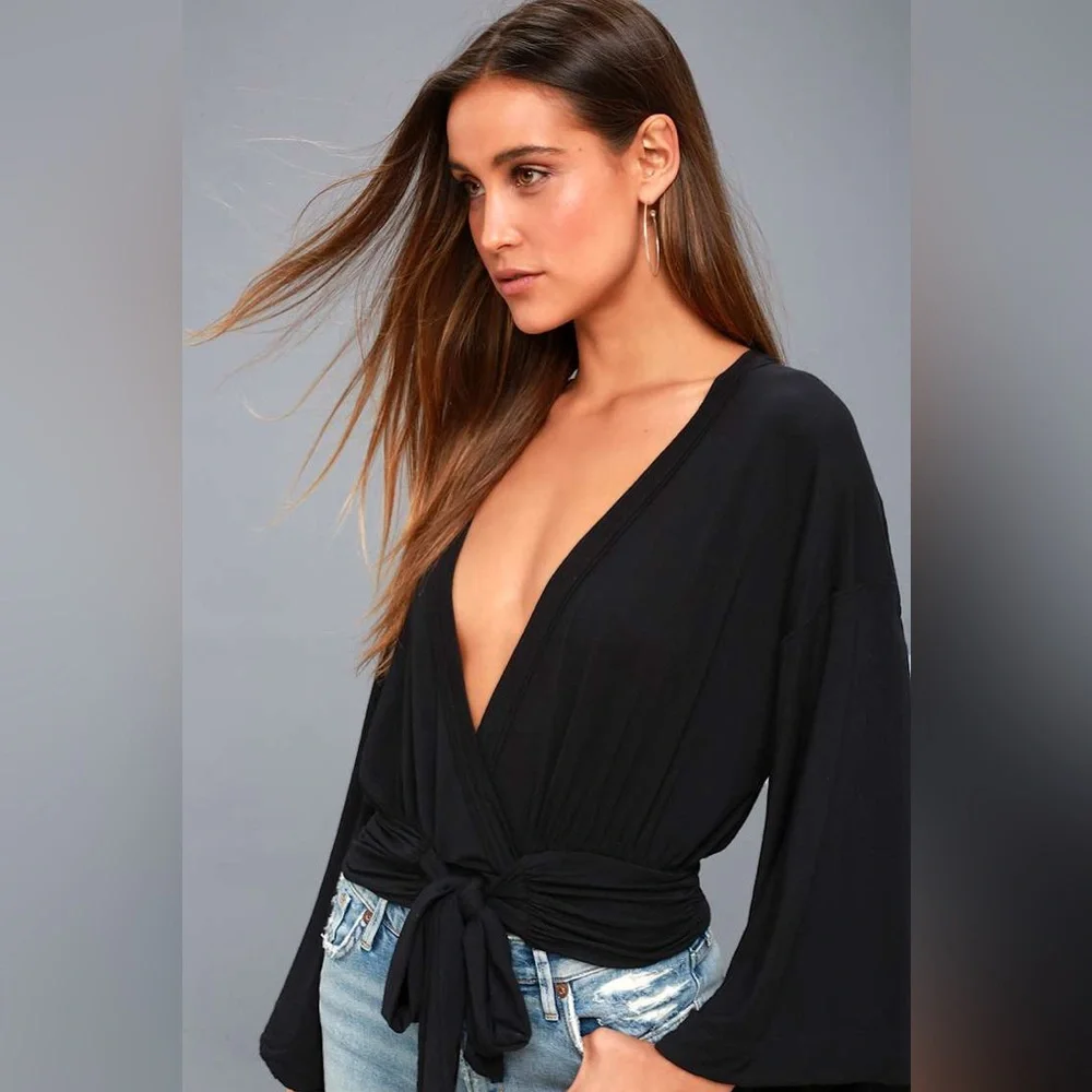 Free People That's a Wrap Black Bell Sleeve Crop Top Waist Tie Boho Trendy Chic